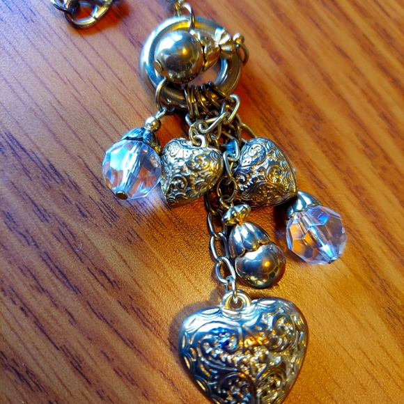 Fashion Necklace w/Puffy Hearts,Metal Beads&Clear Crystal Embellishment. - Picture 1 of 5
